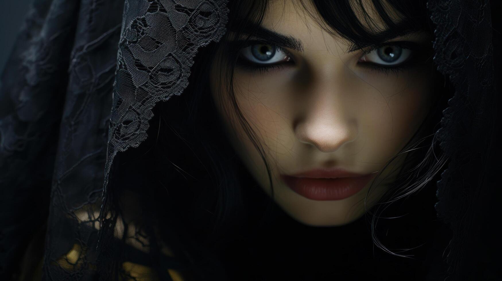 Mysterious woman with intense gaze under a lace veil photo