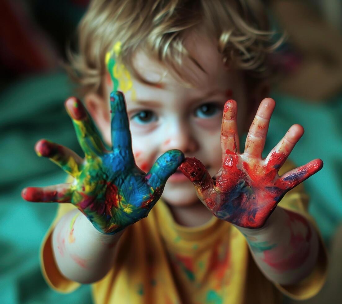 Child with colorful painted hands showing creativity and playfulness photo