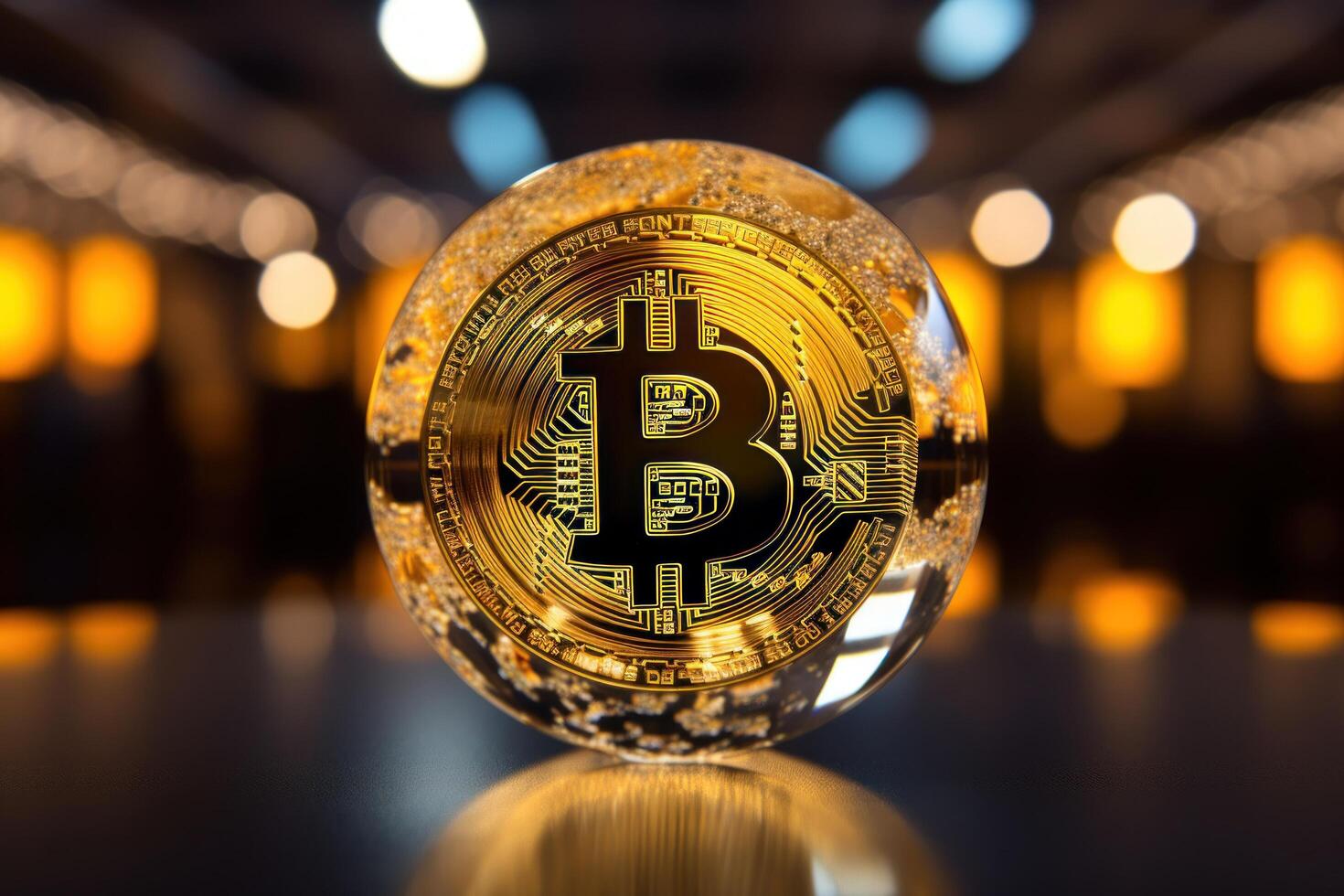 Golden Bitcoin Cryptocurrency on Reflective Surface photo