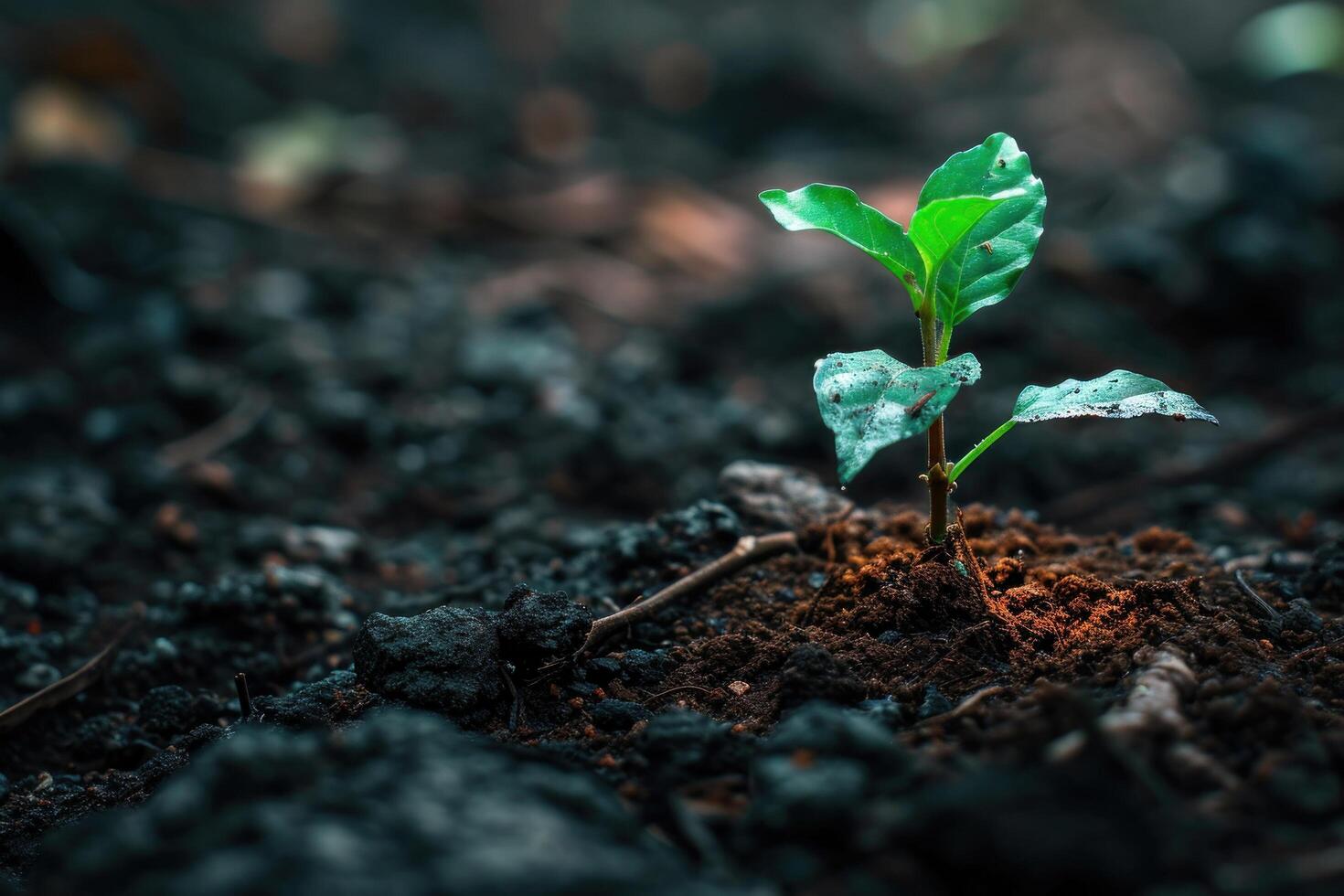 Young plant sprouting from the soil with a soft focus background photo