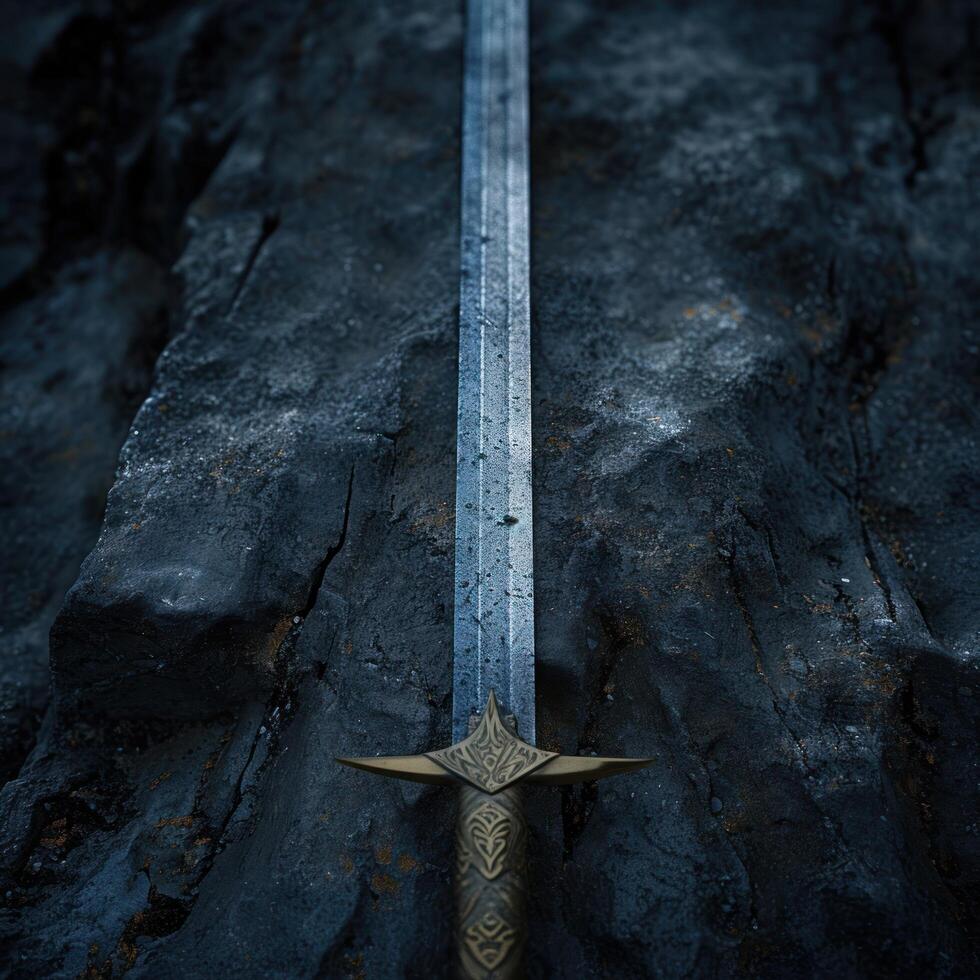Medieval sword embedded in rock photo