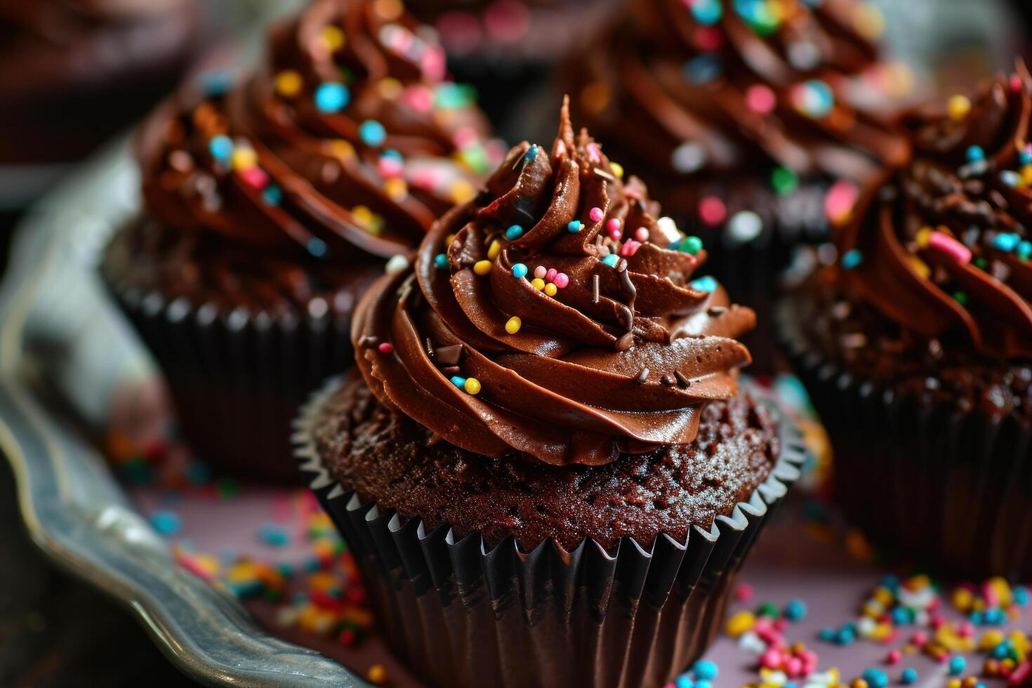 Delicious chocolate cupcakes with colorful sprinkles photo