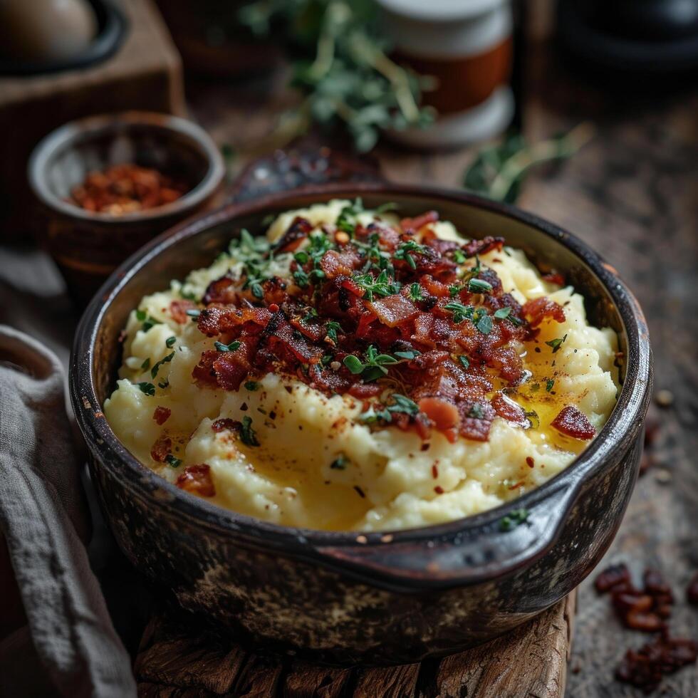 Delicious homemade mashed potatoes with bacon and herbs photo