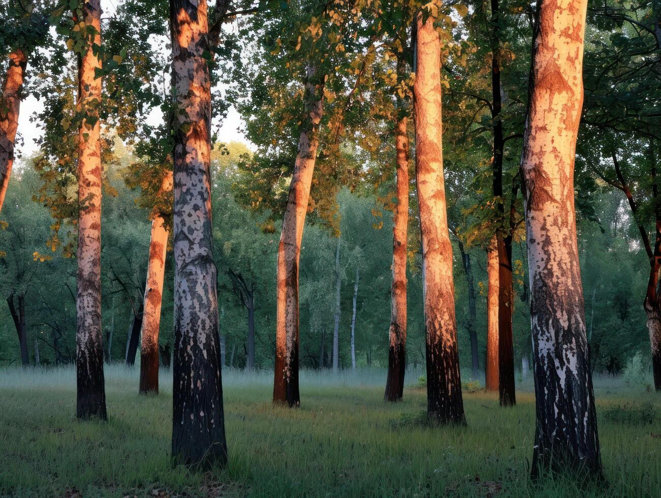 Sunset Light Casting Warm Glow on Birch Trees in Forest photo