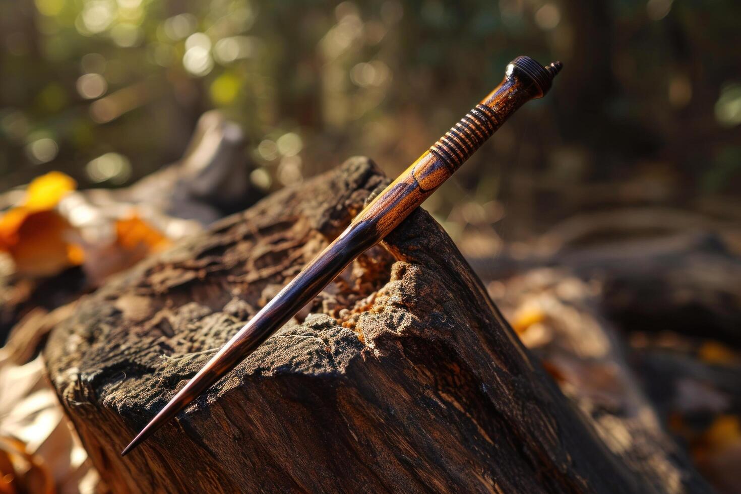 Vintage knife resting on a rustic wooden log photo