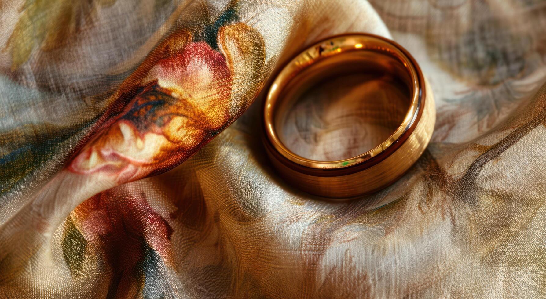 Elegant wedding ring on a luxurious fabric photo
