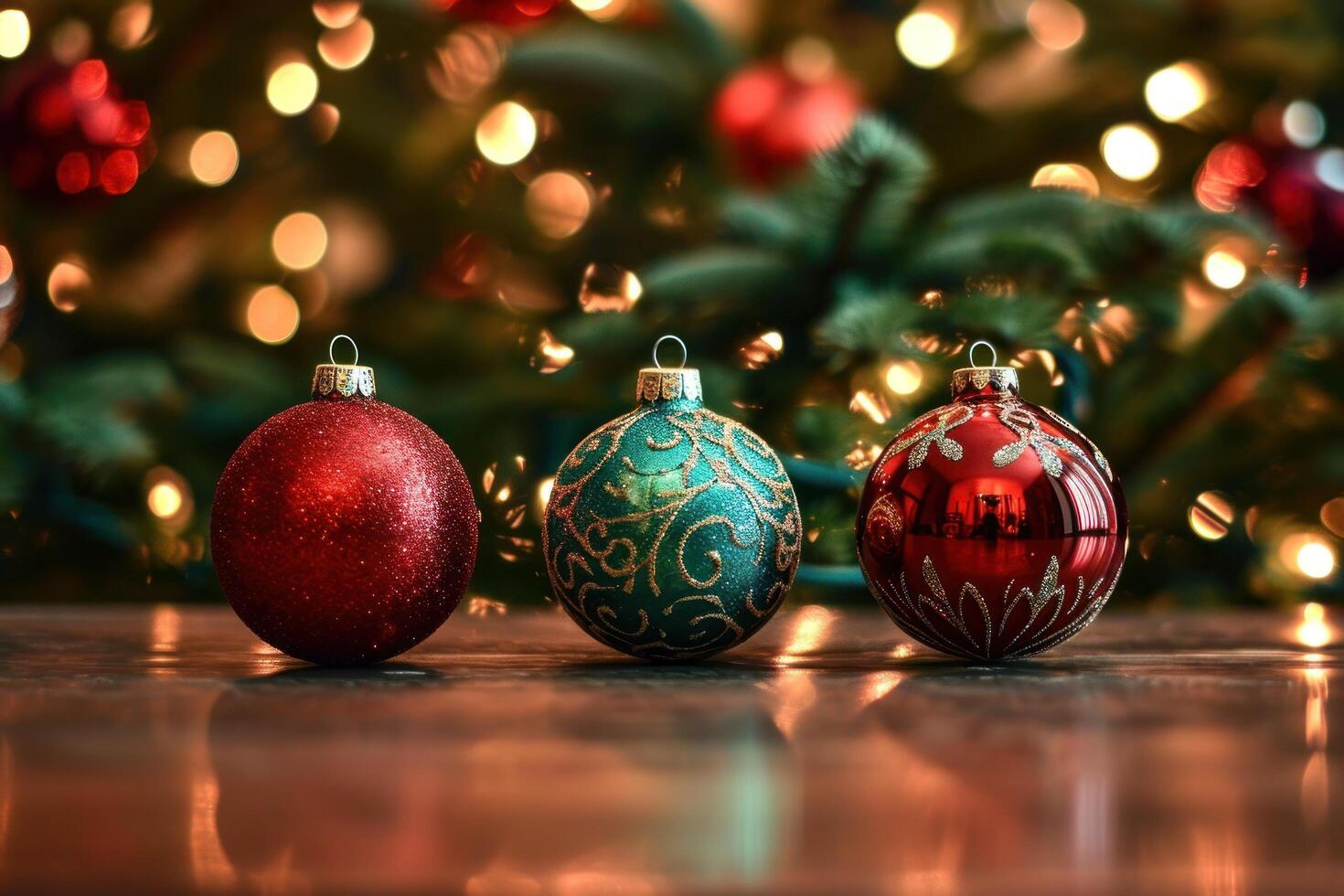 Festive Christmas Ornaments on a Shiny Surface with Blurred Lights in the Background photo