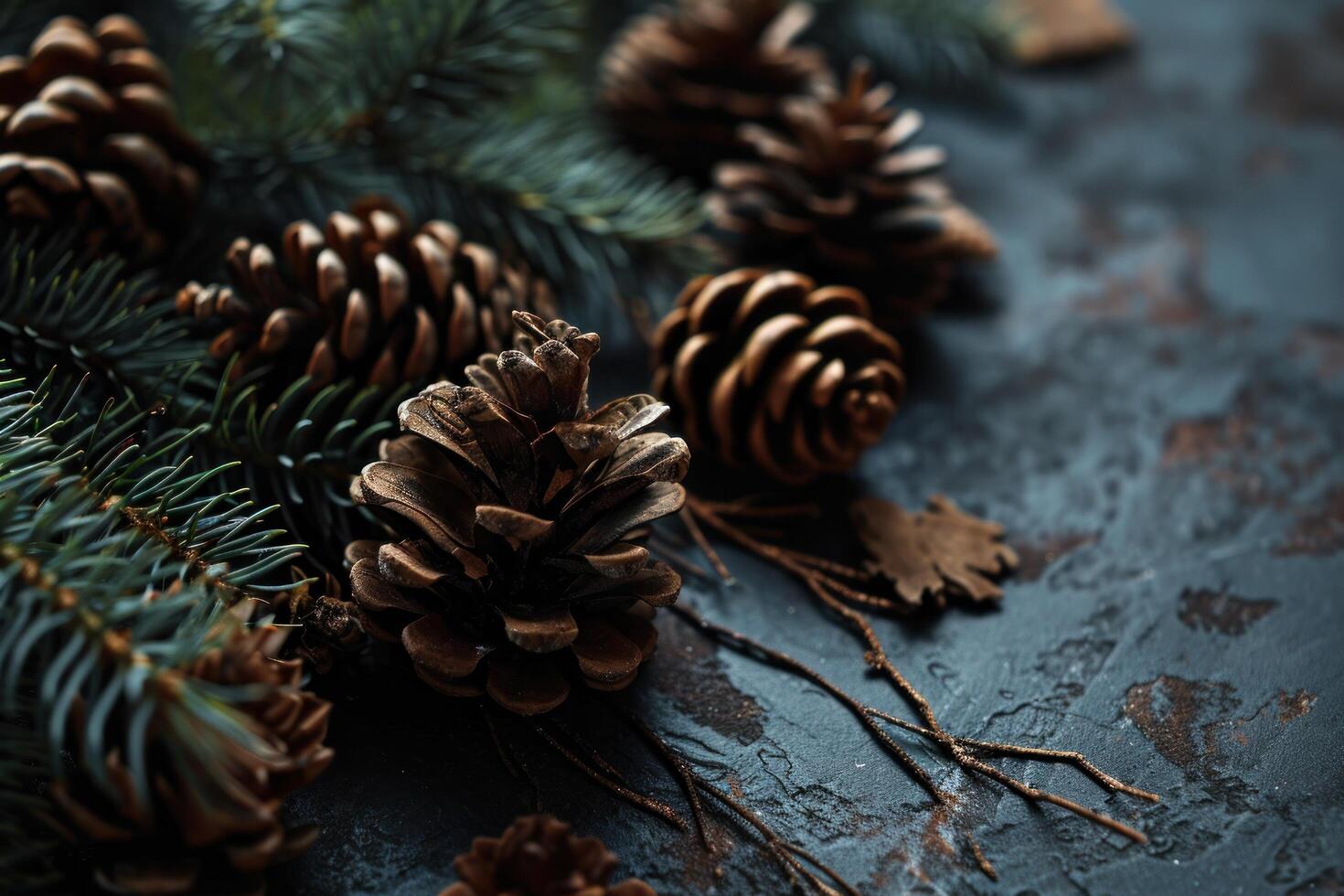Festive Pine Cones and Fir Branches on a Textured Surface photo