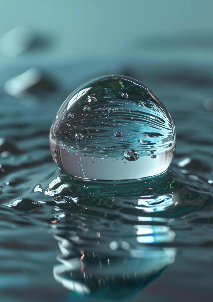 Close up of a pristine water droplet on a reflective surface photo