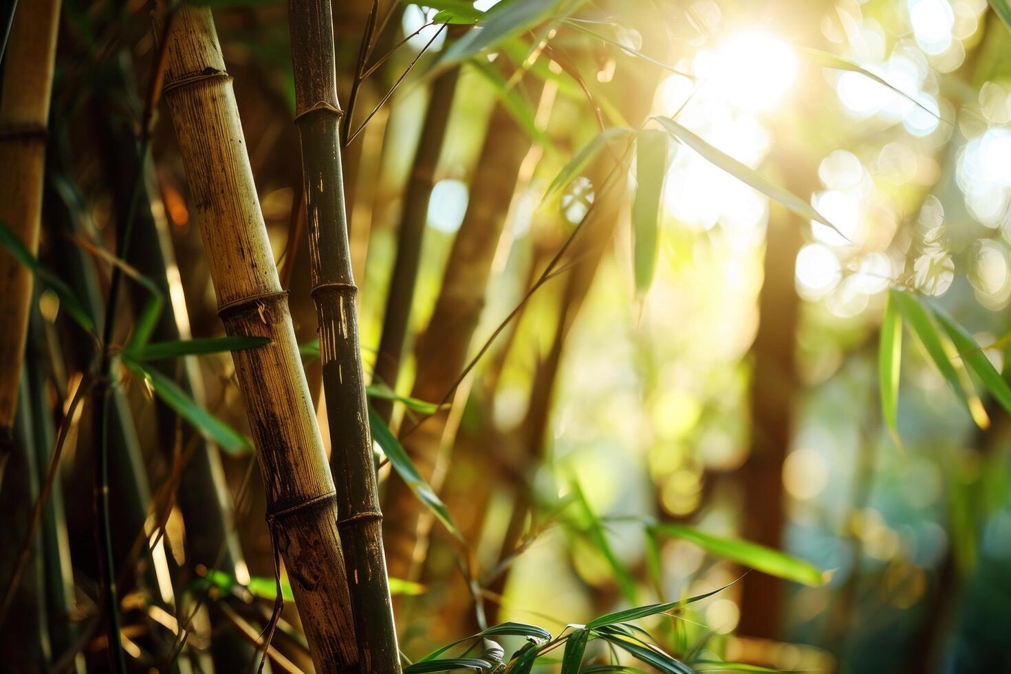 Sunlight filtering through a serene bamboo forest photo