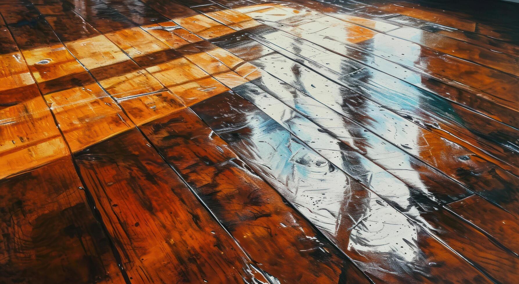 Sunlight reflecting on a polished wooden floor photo