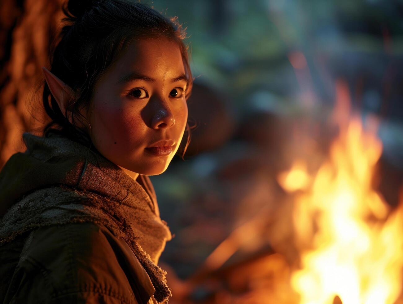 Young woman with elf ears by a campfire at night photo