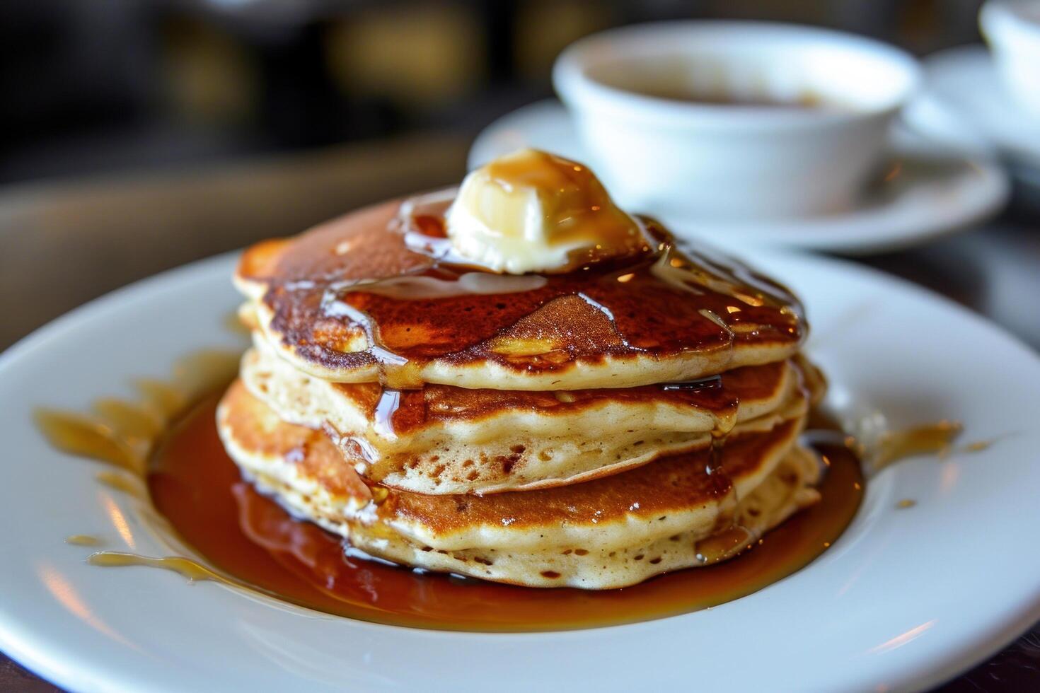 Delicious stack of pancakes with syrup and butter on top photo