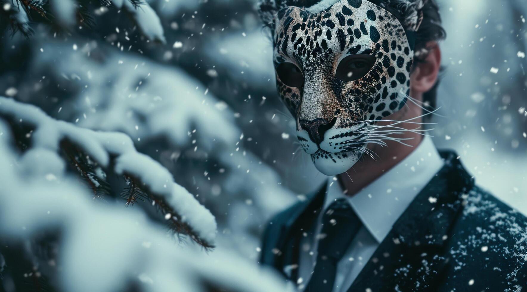 Mysterious person in an animal mask standing in a snowy forest photo
