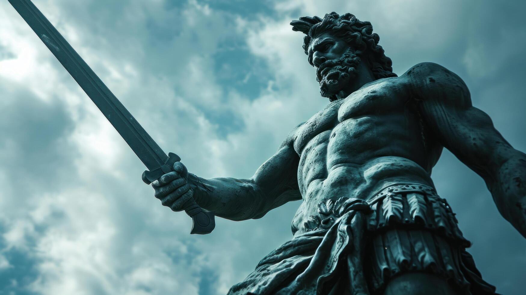 Majestic statue of a mythological warrior against a cloudy sky photo