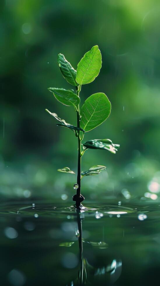 Young Plant Sprouting with Water Droplets in Lush Green Environment photo