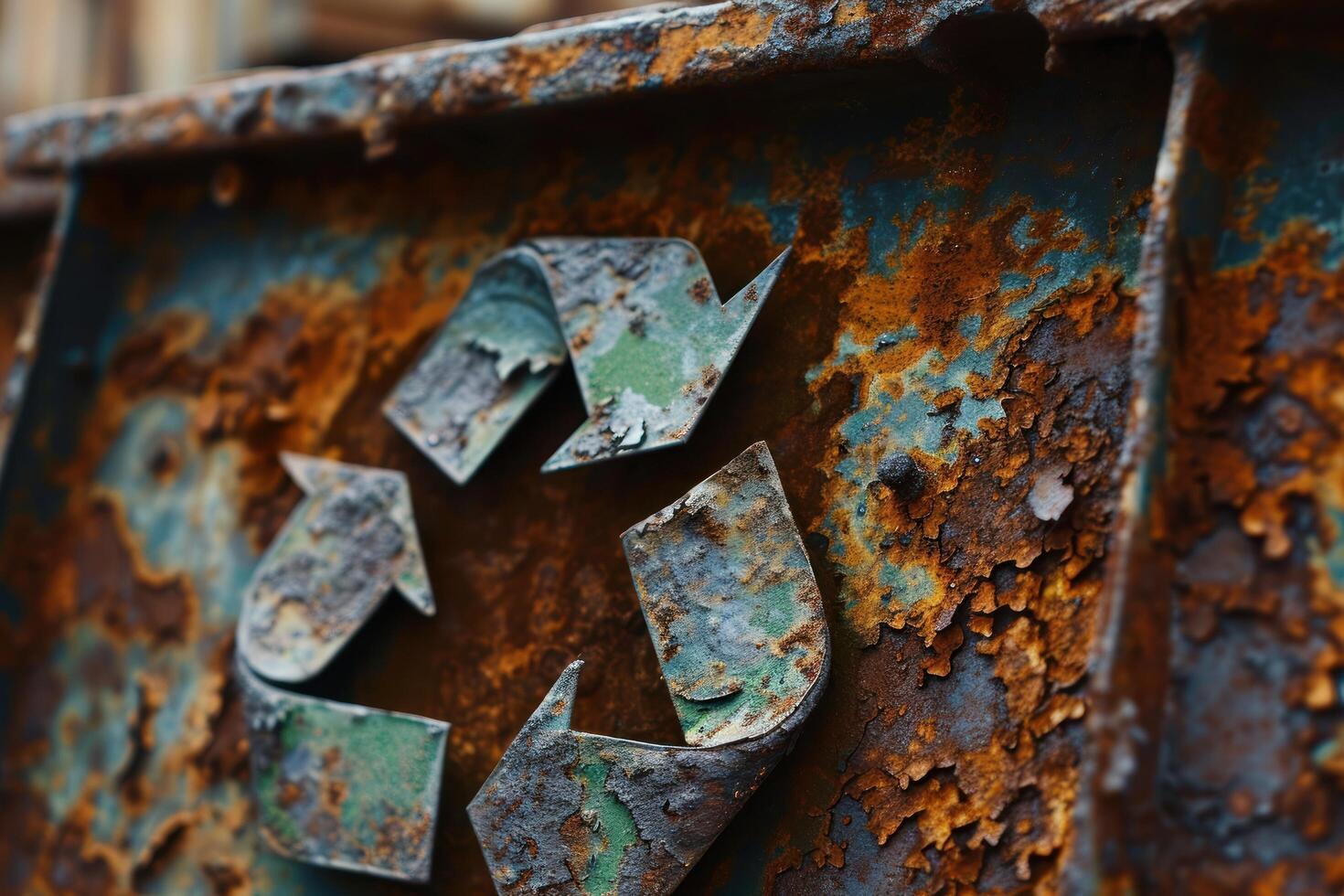 Close up of Rusty Recycle Symbol on Metal Surface photo