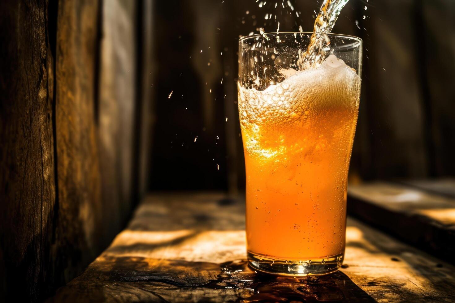 Refreshing beer pour into glass with splash on wooden background photo
