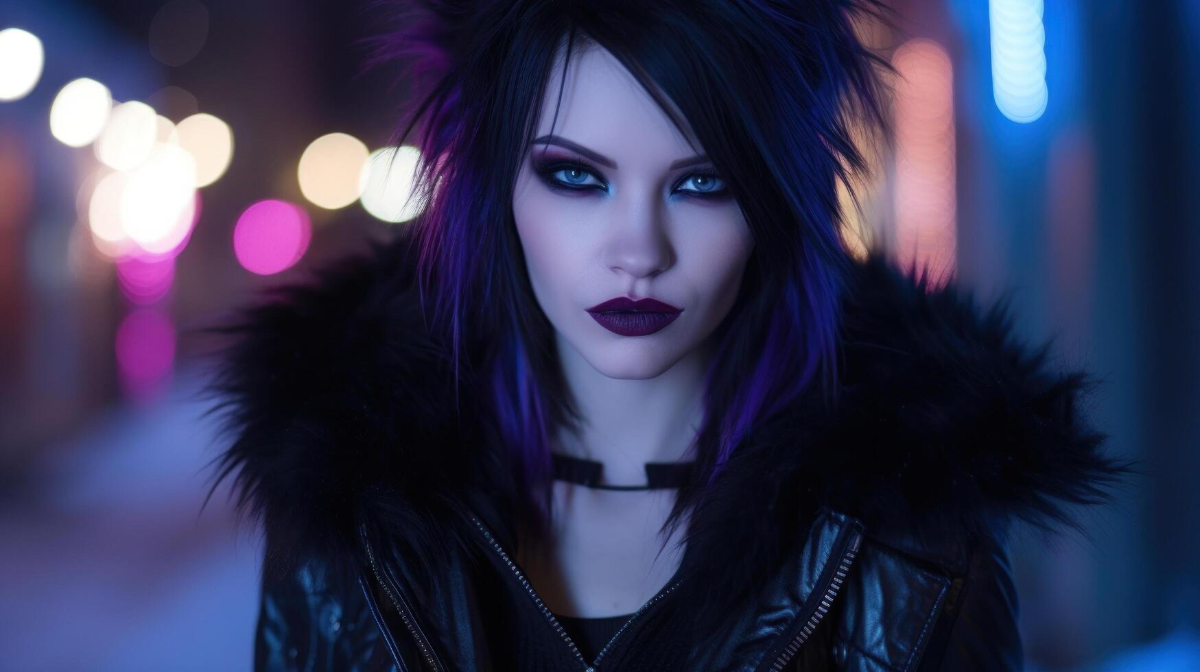 Mysterious woman with gothic makeup in urban night setting photo