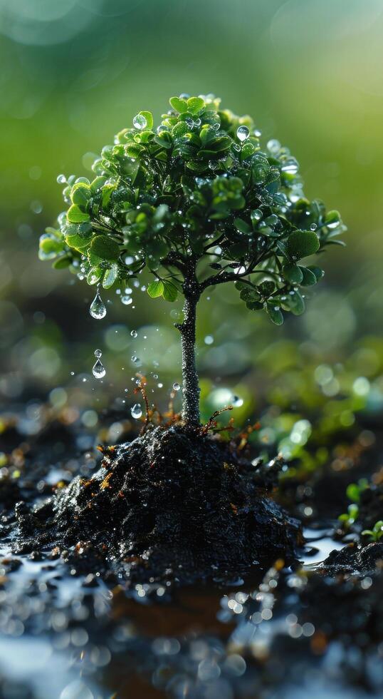 Young plant sprouting with water droplets in morning light photo