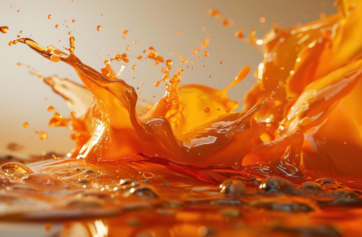 Vibrant orange liquid splash on a reflective surface photo