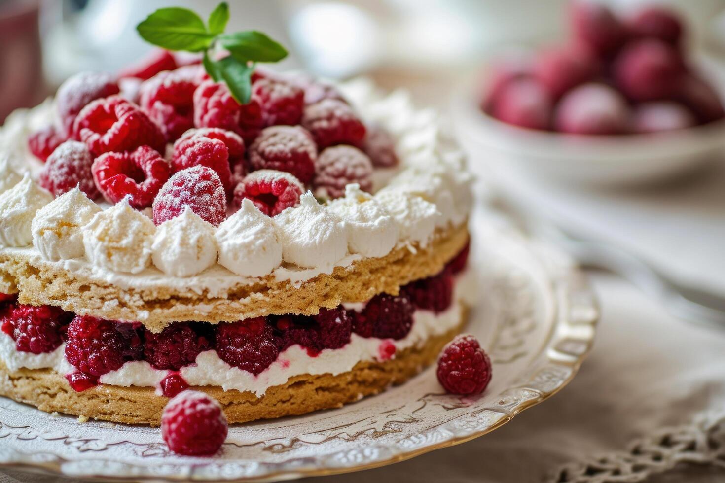Delicious raspberry cream cake on a decorative plate photo