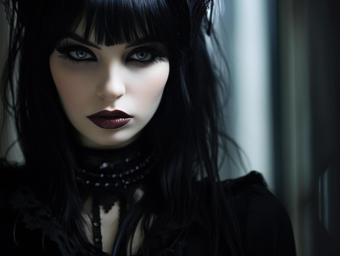 Mysterious gothic woman with dark makeup looking intensely at the camera photo