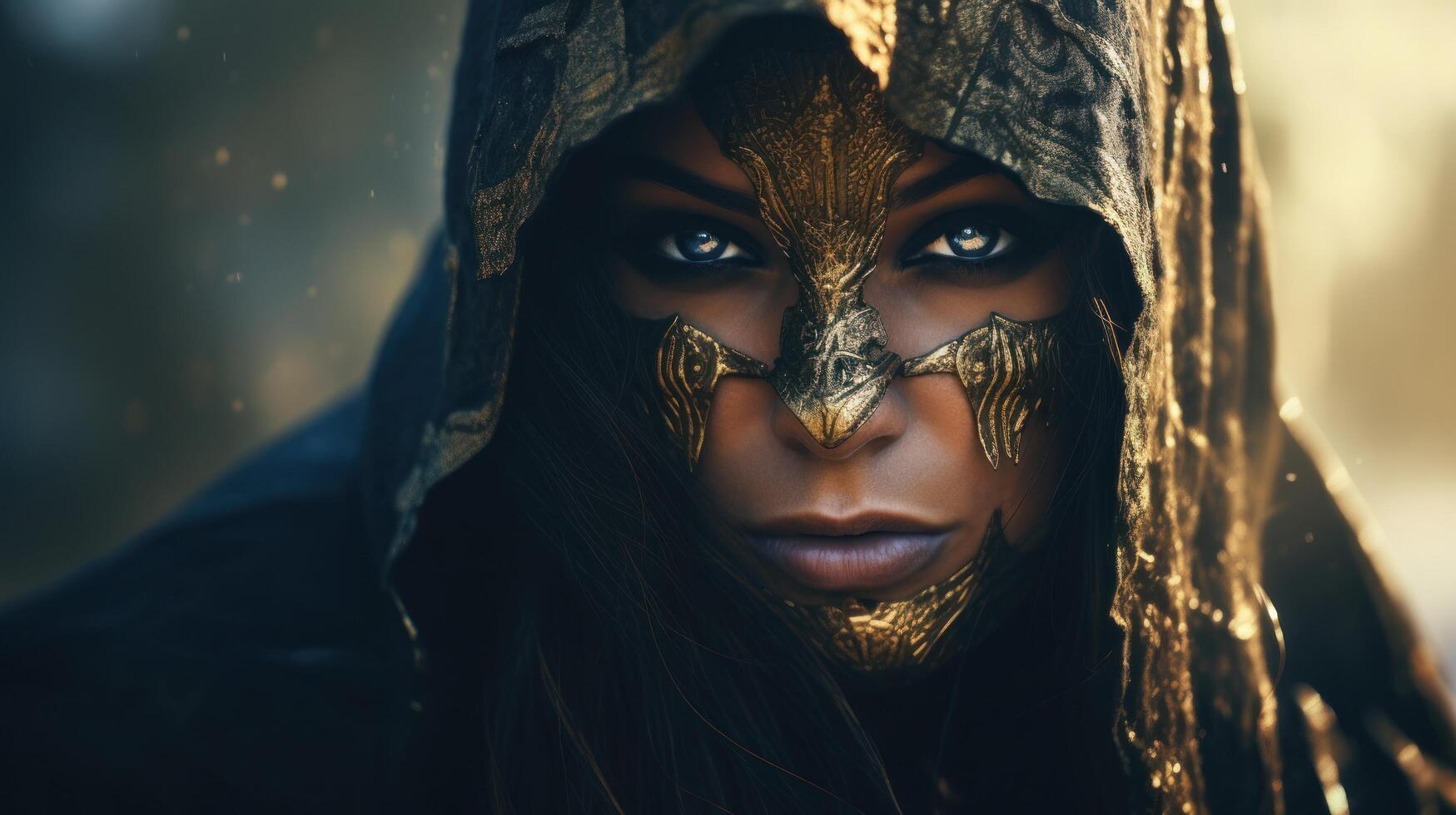 Mysterious person in a golden mask and hood with an intense gaze photo