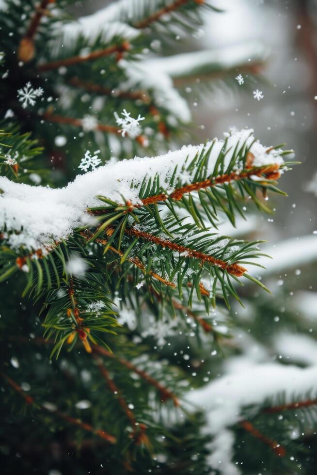 Snowflakes gently resting on evergreen pine branches photo