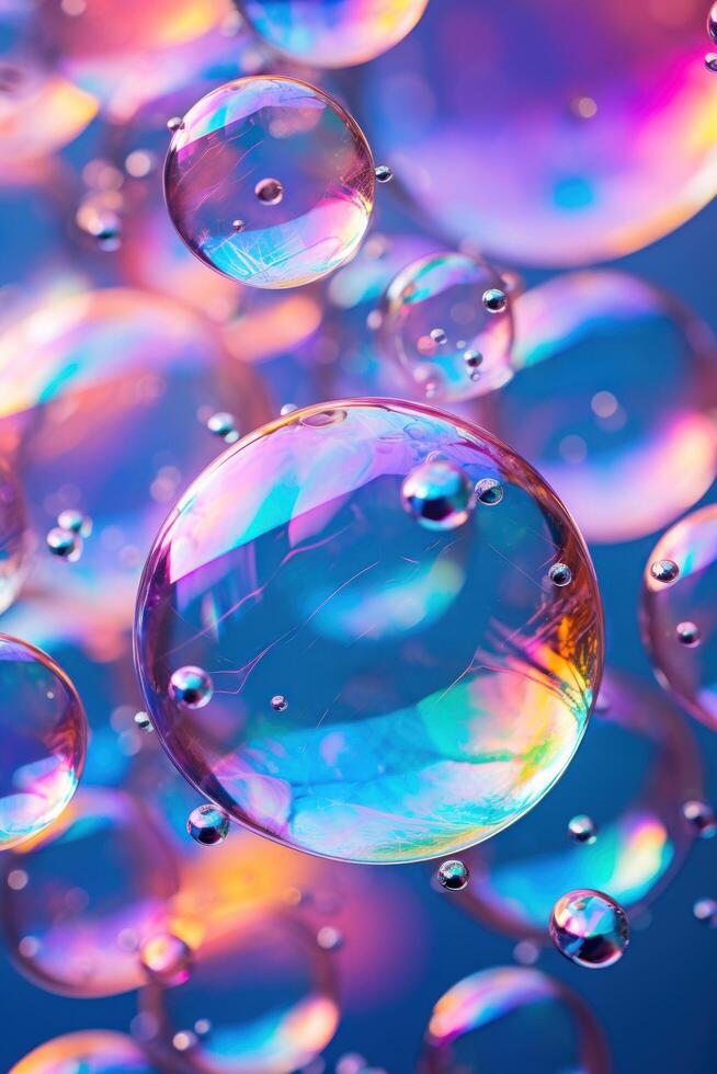 Colorful soap bubbles floating with a vibrant background photo