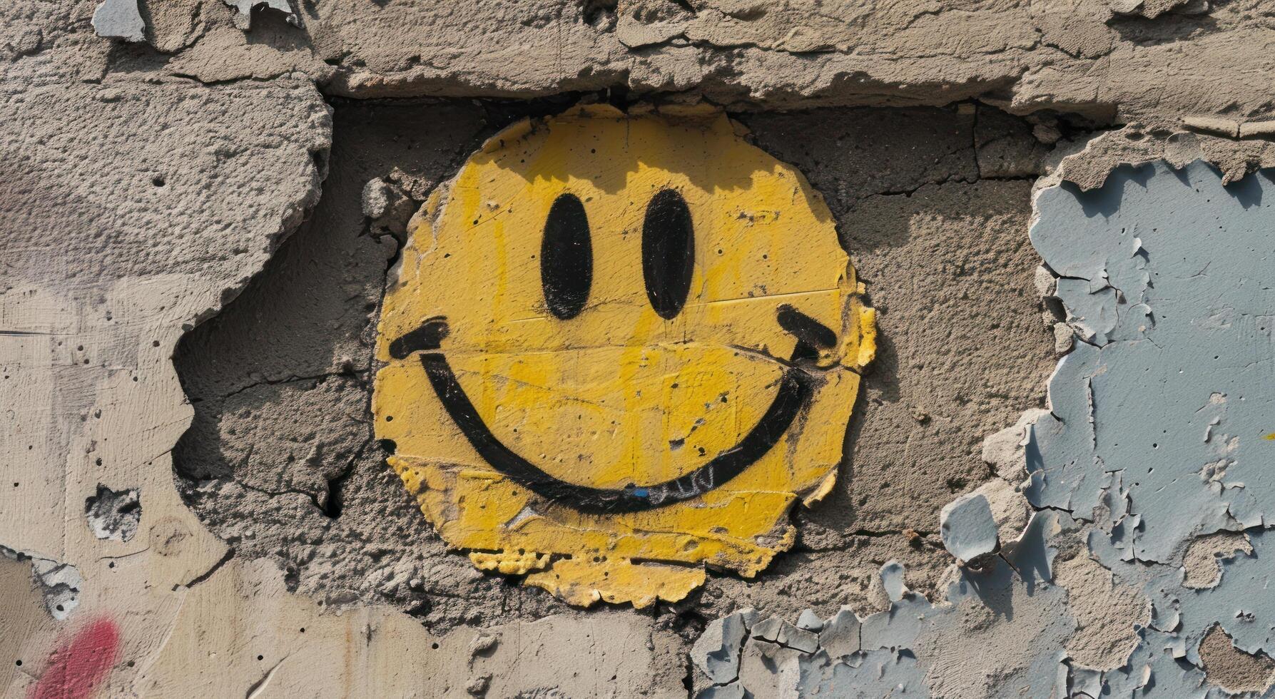 Graffiti smiley face on a cracked wall photo