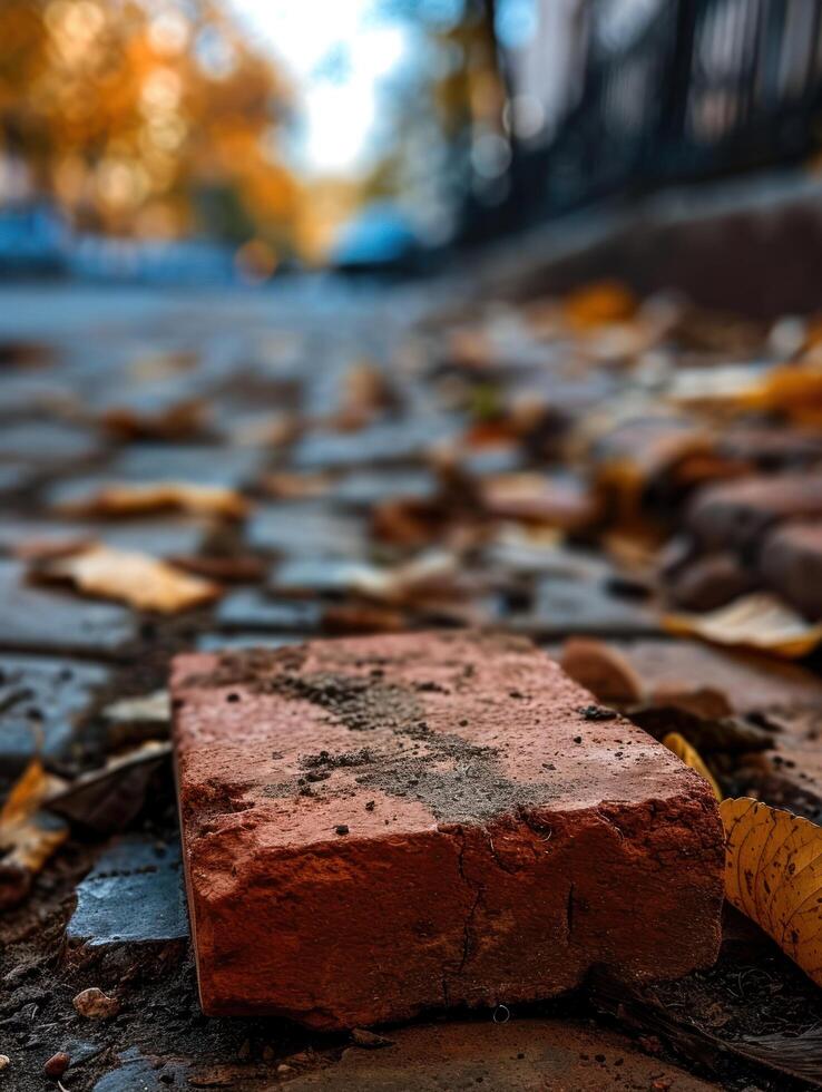 Close up of a red brick on a leaf covered path photo