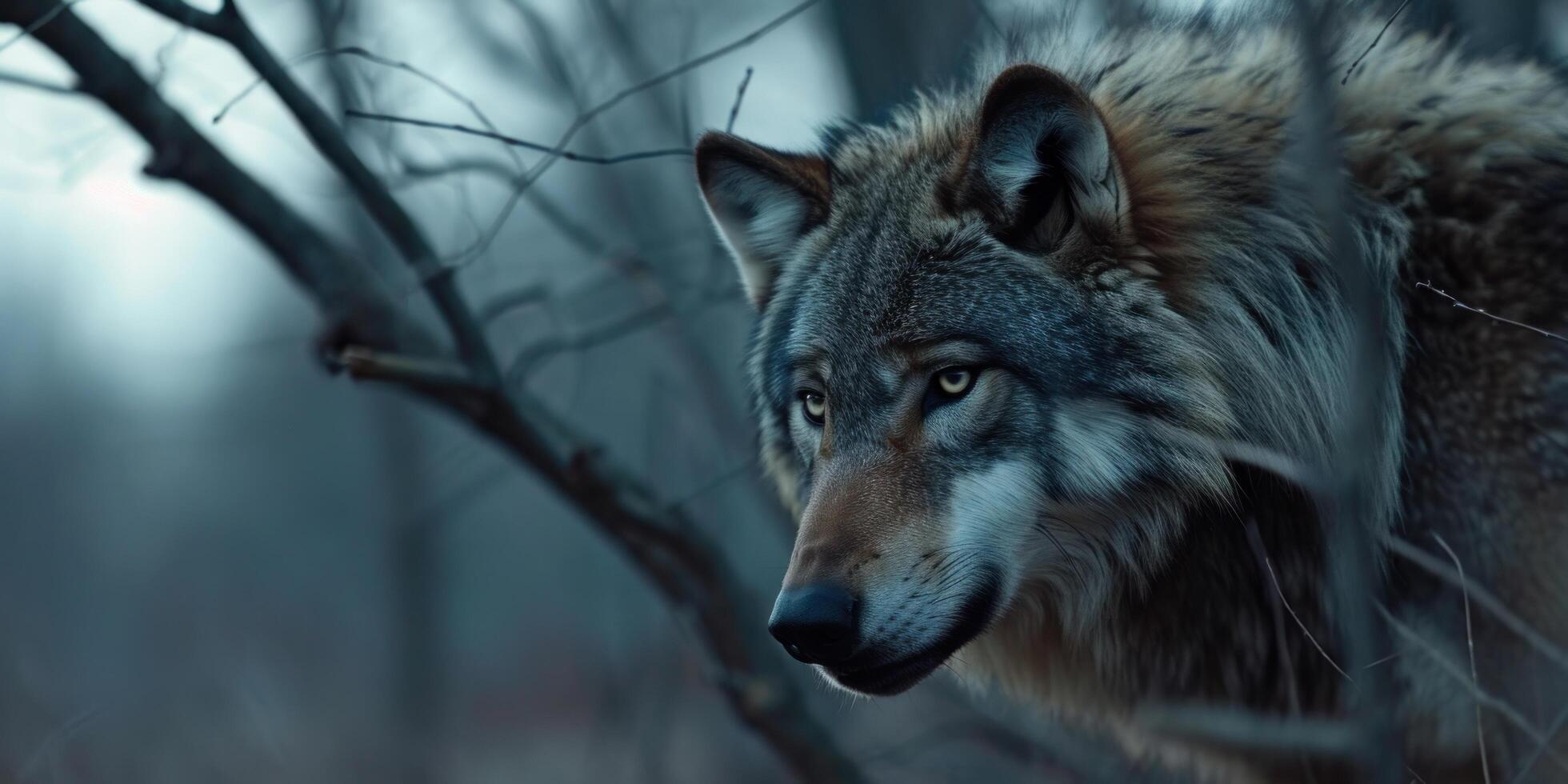 Majestic wolf in a misty forest photo