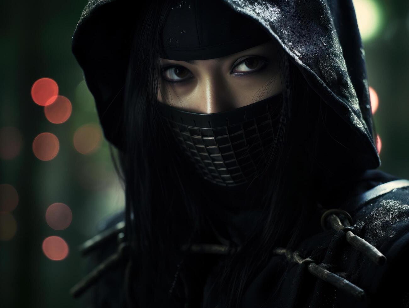 Mysterious person in a hooded cloak with a masked face photo