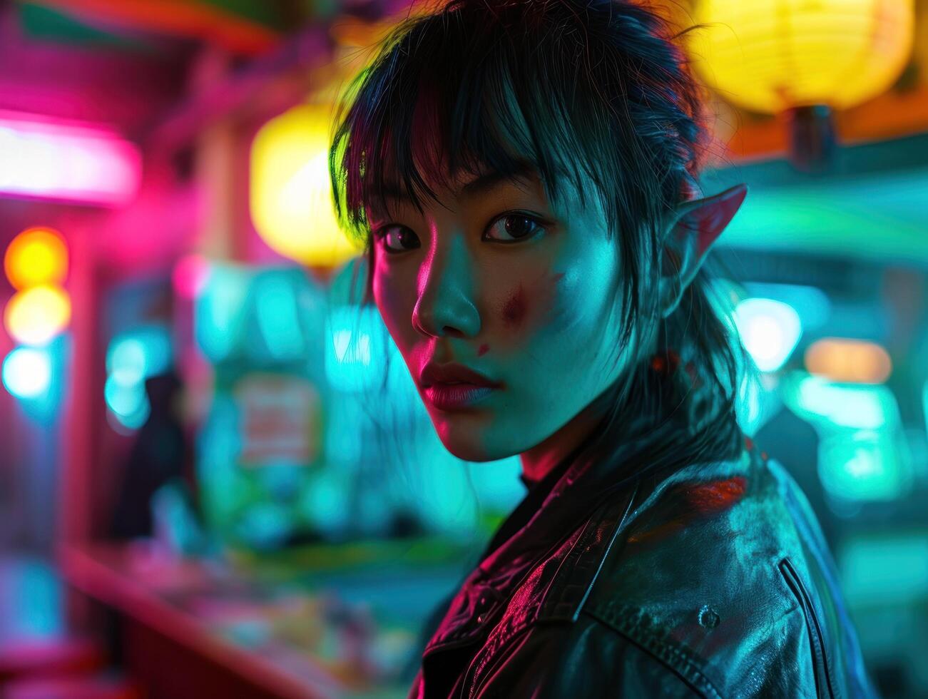 Stylish young person with elf ears in neon lit urban setting photo