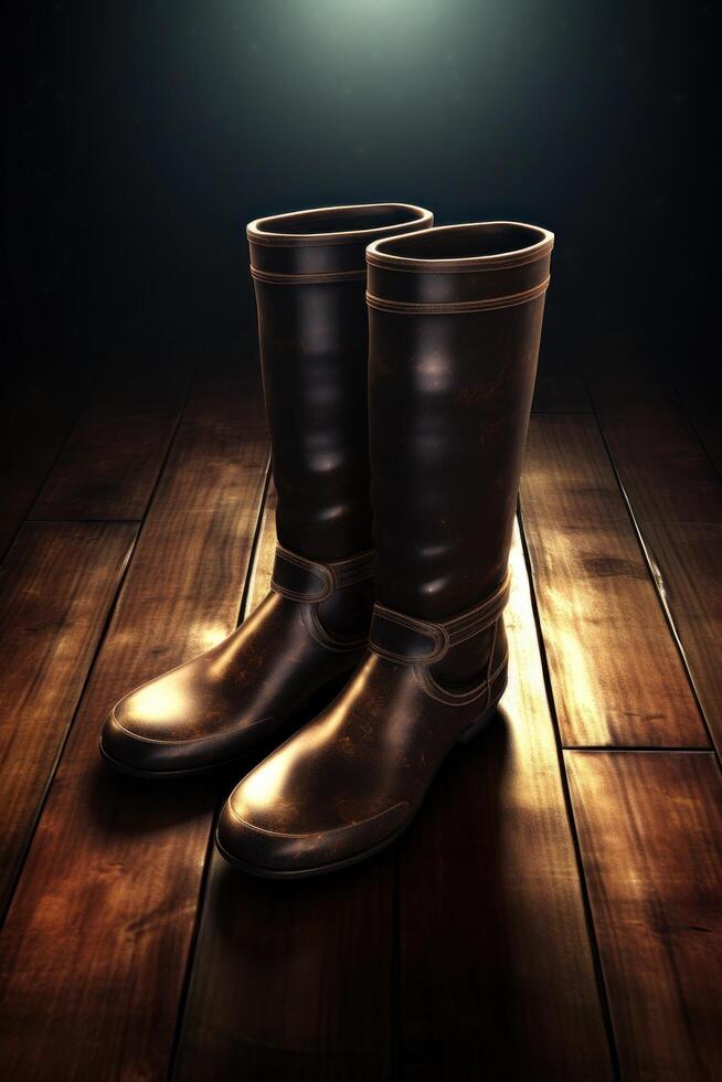 Pair of rubber boots on wooden floor with dramatic lighting photo