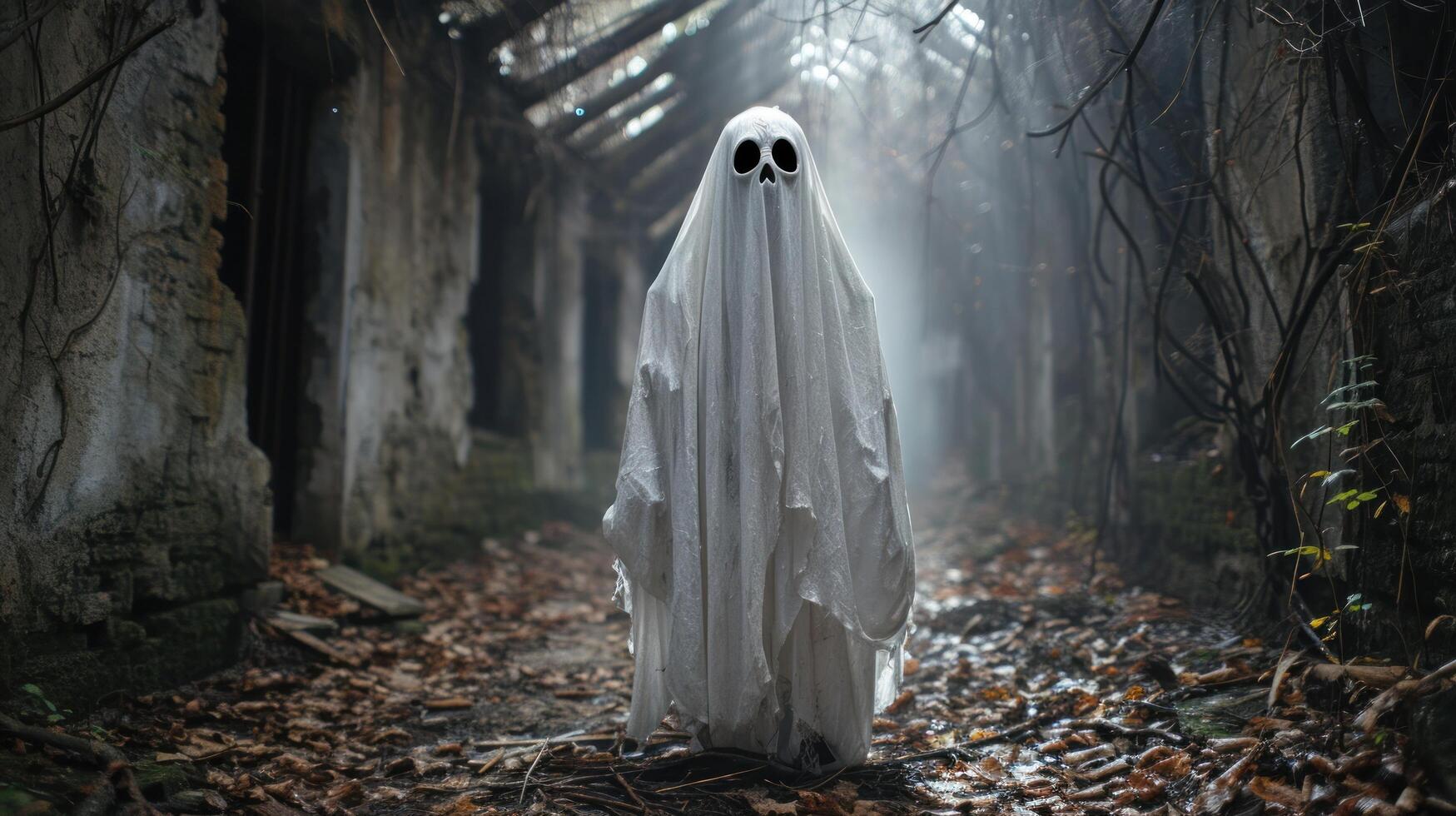Spooky ghost costume in a haunted forest setting photo
