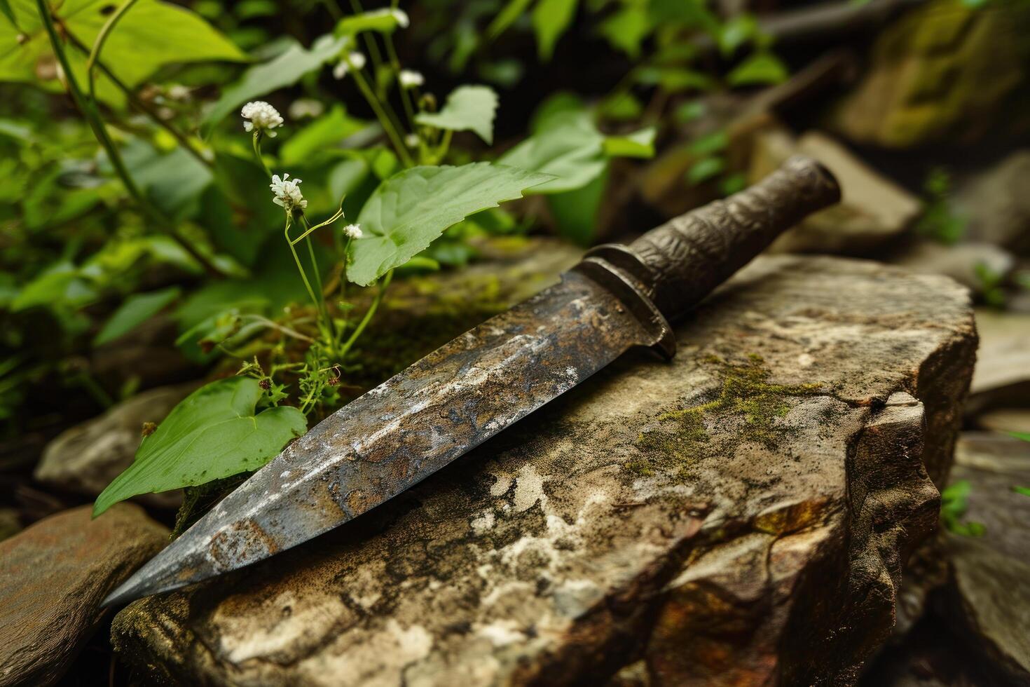 Rustic Knife on a Mossy Rock in the Forest photo