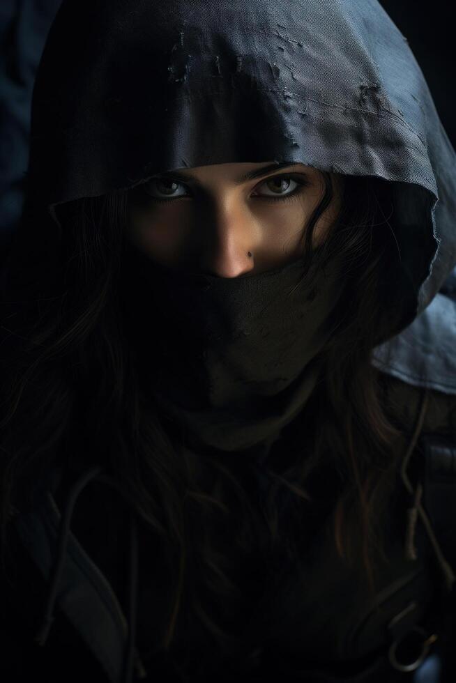 Mysterious person with intense gaze wearing a hood photo