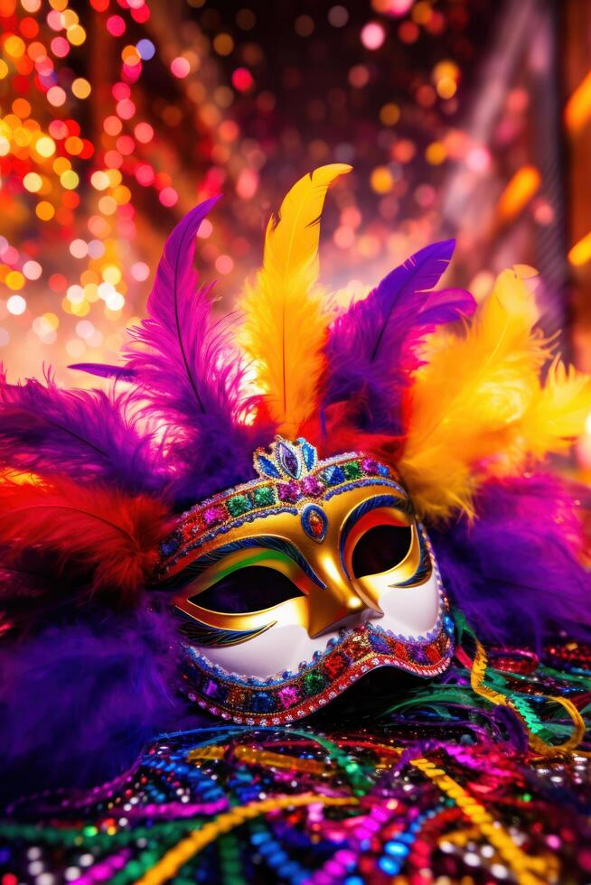 Colorful carnival mask with feathers on a glittery background photo