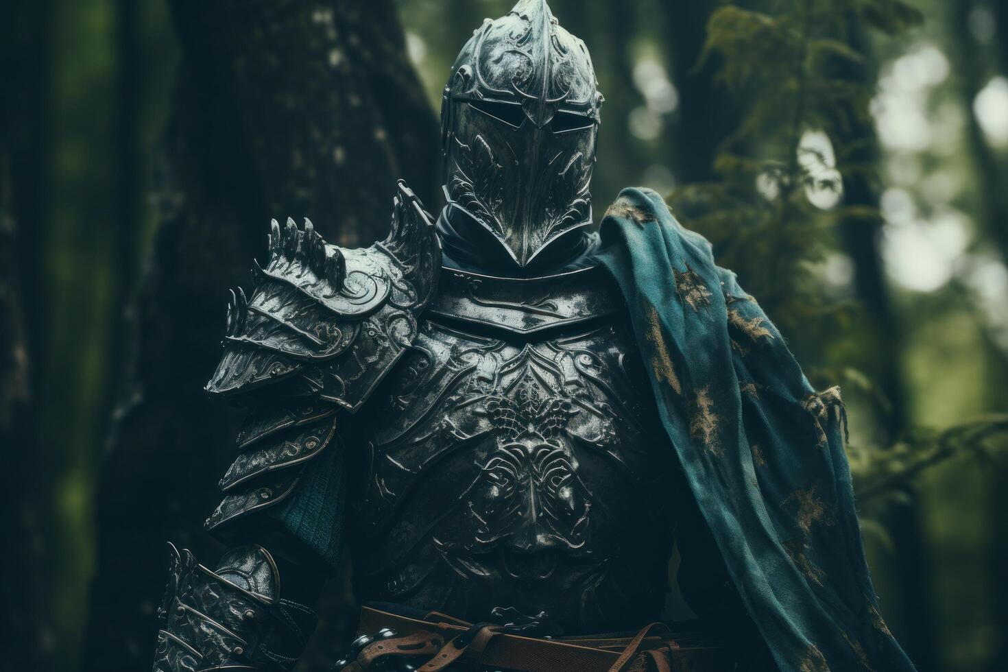 Medieval knight in armor standing in a forest photo
