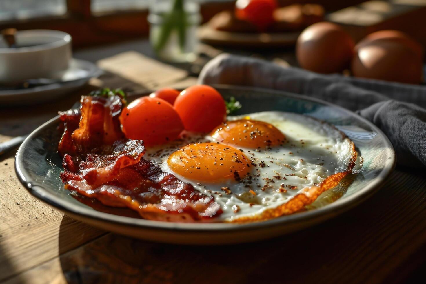 Delicious breakfast with sunny side up eggs and bacon on a wooden table photo