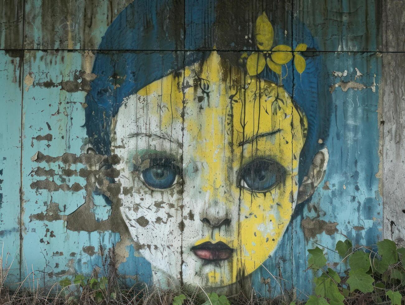 Graffiti of a childs face on a weathered wall photo