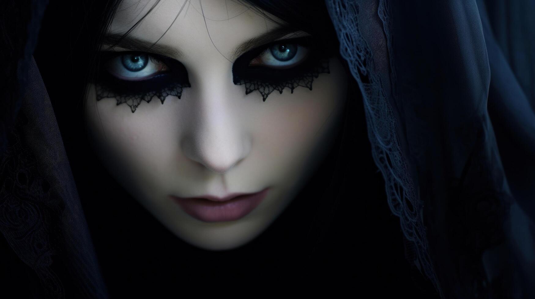 Mysterious woman with intense blue eyes and lace veil photo
