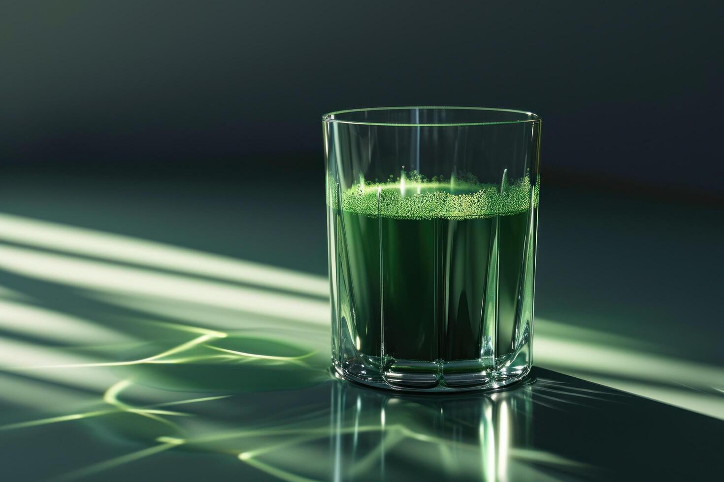 Glass of green juice on a reflective surface with dramatic lighting photo