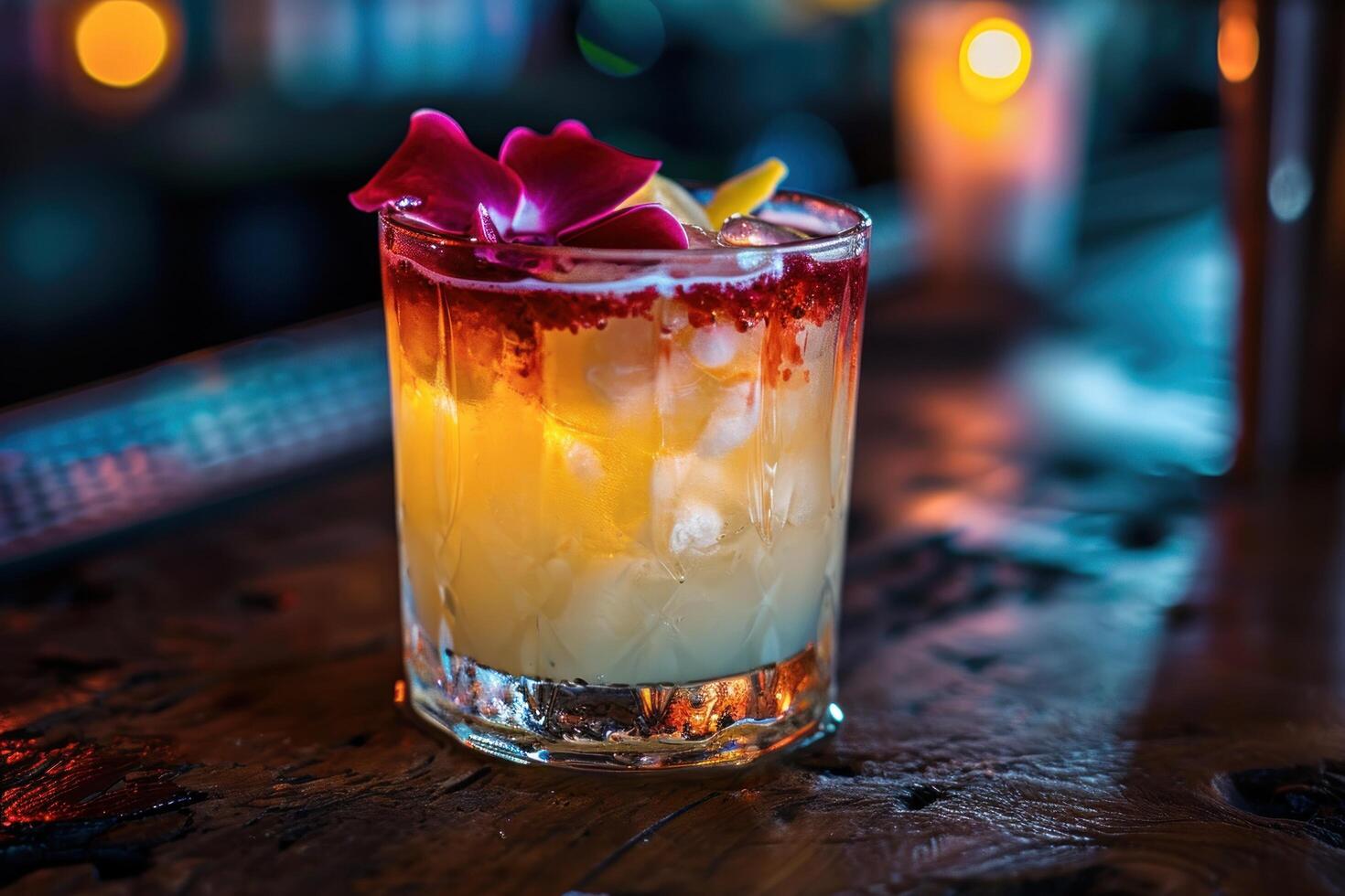 Exotic Cocktail Garnished with a Flower on a Bar Counter photo