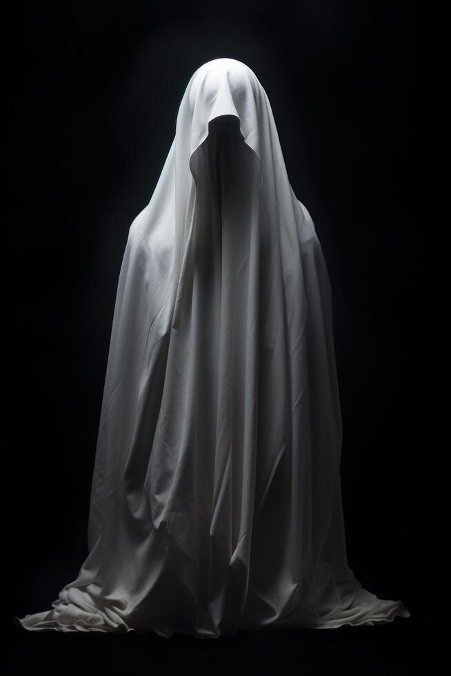 Mysterious figure shrouded in a white sheet against a dark background photo