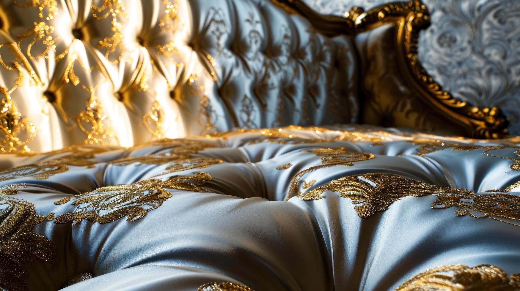 Luxurious satin fabric with golden embroidery as elegant background photo