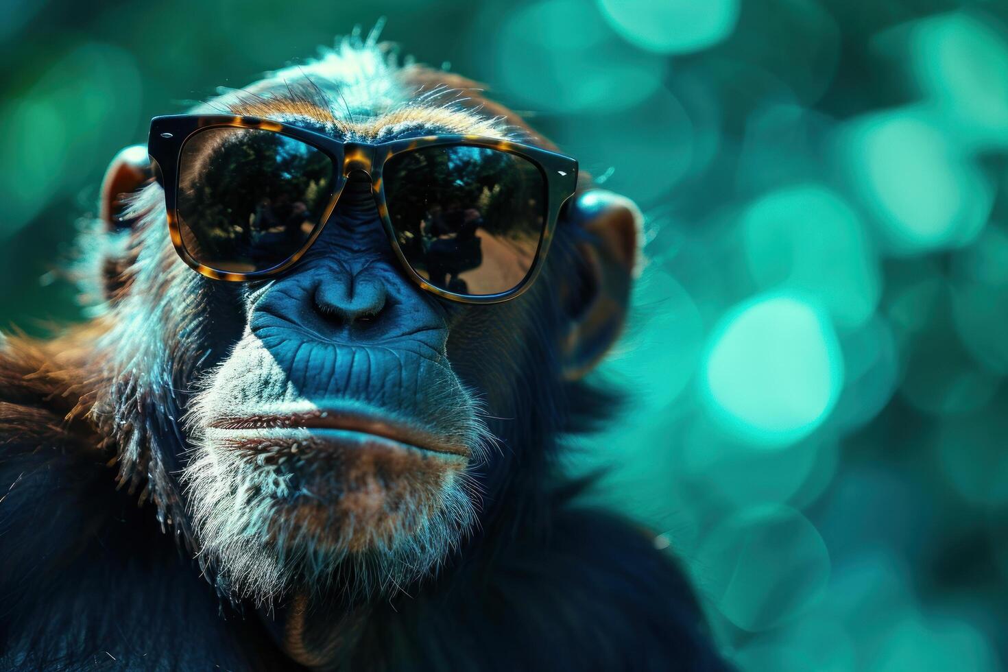 Chimpanzee wearing sunglasses with a thoughtful expression photo