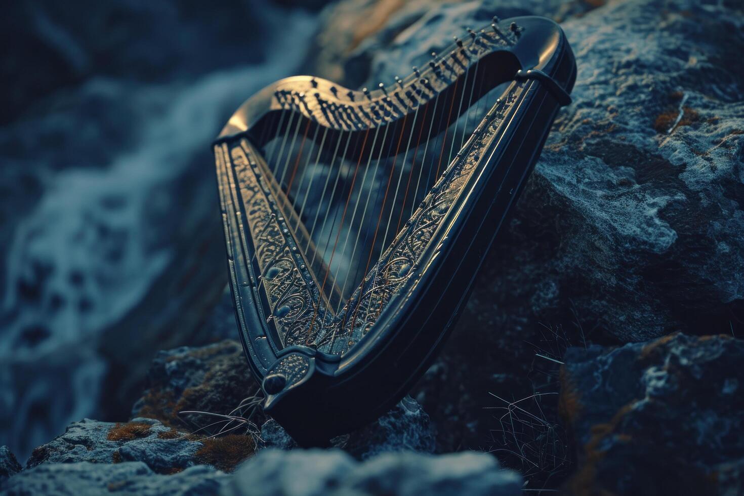 Elegant Harp Resting on a Rocky Surface photo